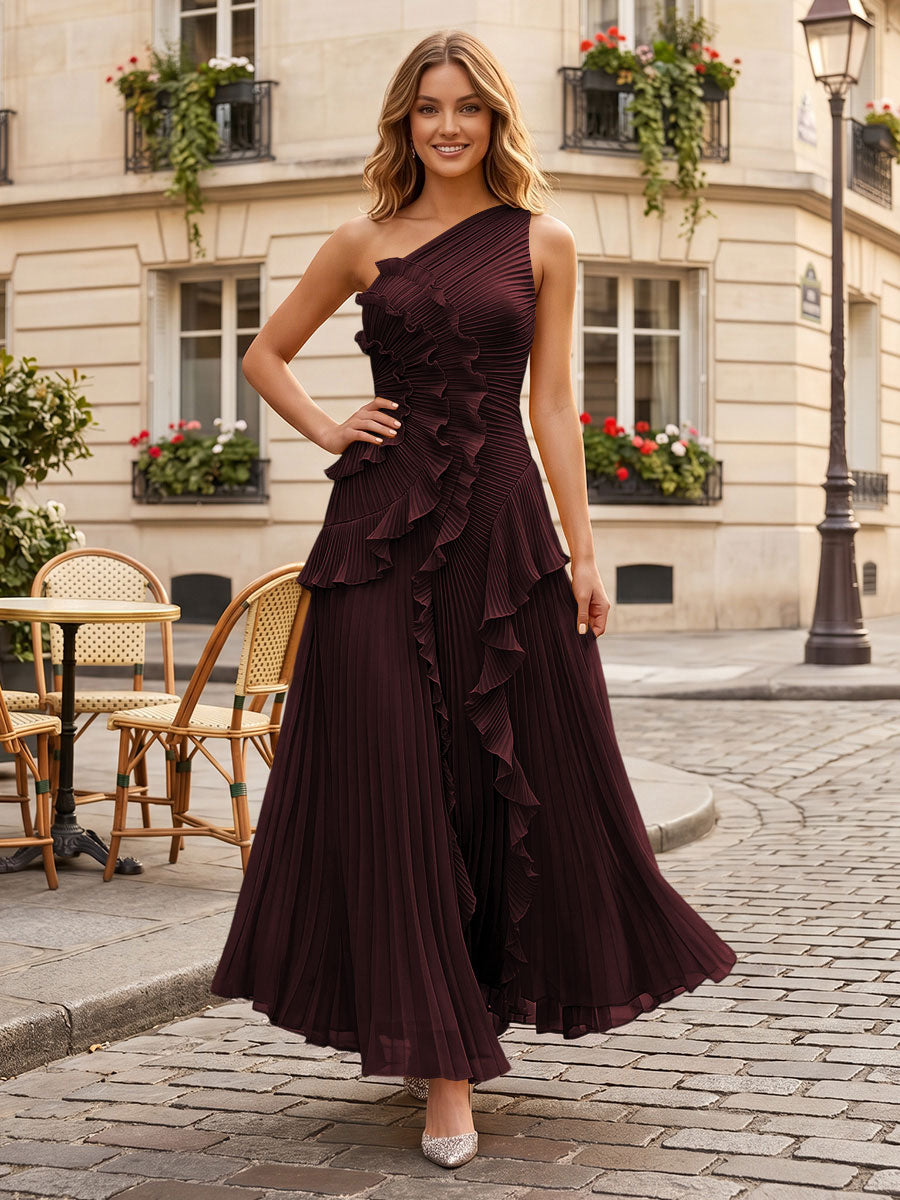 Chiffon A-Line/Princess One Shoulder Floor-Length Formal Dresses with Ruffles & Pleats