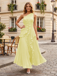 Chiffon A-Line/Princess One Shoulder Floor-Length Formal Dresses with Ruffles & Pleats