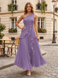 Chiffon A-Line/Princess One Shoulder Floor-Length Formal Dresses with Ruffles & Pleats