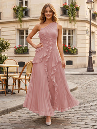 Chiffon A-Line/Princess One Shoulder Floor-Length Formal Dresses with Ruffles & Pleats