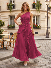 Chiffon A-Line/Princess One Shoulder Floor-Length Formal Dresses with Ruffles & Pleats