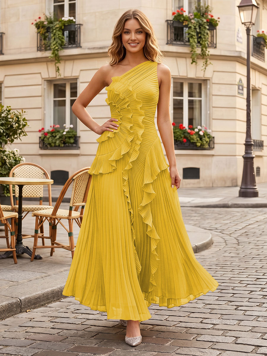 Chiffon A-Line/Princess One Shoulder Floor-Length Formal Dresses with Ruffles & Pleats