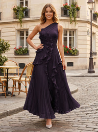 Chiffon A-Line/Princess One Shoulder Floor-Length Formal Dresses with Ruffles & Pleats
