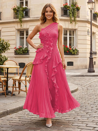 Chiffon A-Line/Princess One Shoulder Floor-Length Formal Dresses with Ruffles & Pleats