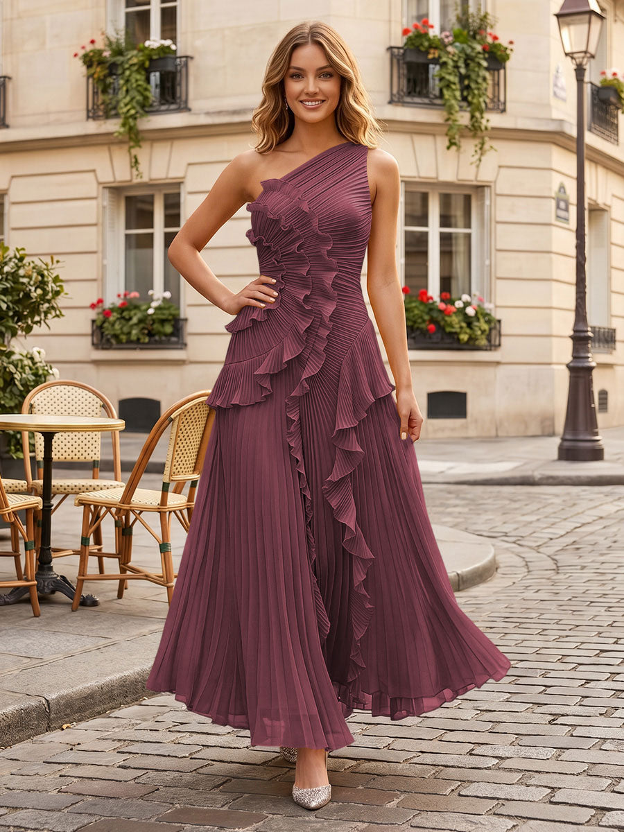 Chiffon A-Line/Princess One Shoulder Floor-Length Formal Dresses with Ruffles & Pleats
