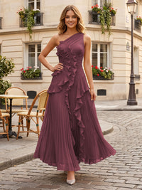 Chiffon A-Line/Princess One Shoulder Floor-Length Formal Dresses with Ruffles & Pleats