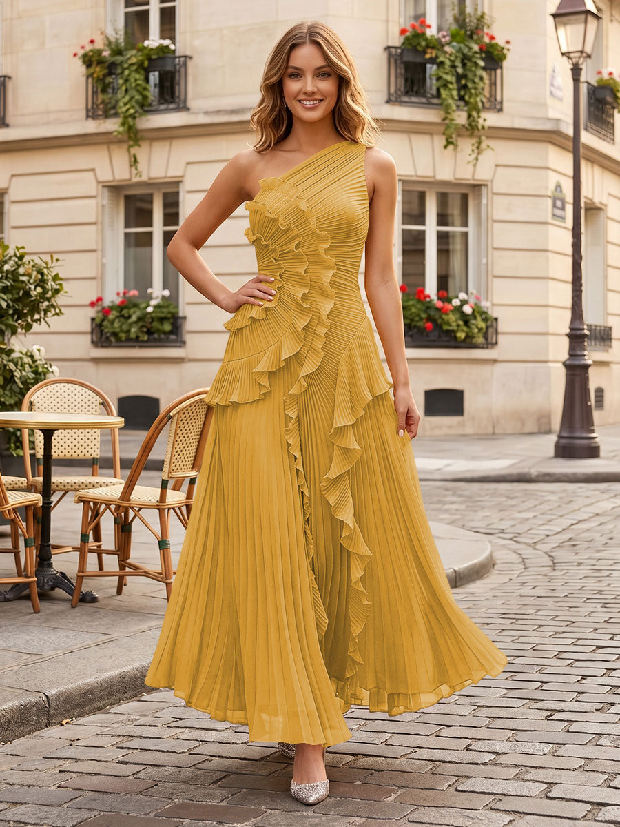 Chiffon A-Line/Princess One Shoulder Floor-Length Formal Dresses with Ruffles & Pleats