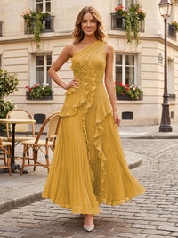 Chiffon A-Line/Princess One Shoulder Floor-Length Formal Dresses with Ruffles & Pleats