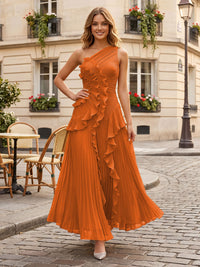 Chiffon A-Line/Princess One Shoulder Floor-Length Formal Dresses with Ruffles & Pleats