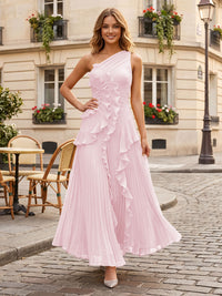 Chiffon A-Line/Princess One Shoulder Floor-Length Formal Dresses with Ruffles & Pleats