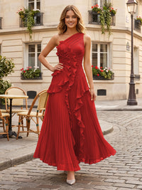 Chiffon A-Line/Princess One Shoulder Floor-Length Formal Dresses with Ruffles & Pleats