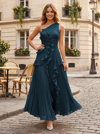 Chiffon A-Line/Princess One Shoulder Floor-Length Formal Dresses with Ruffles & Pleats