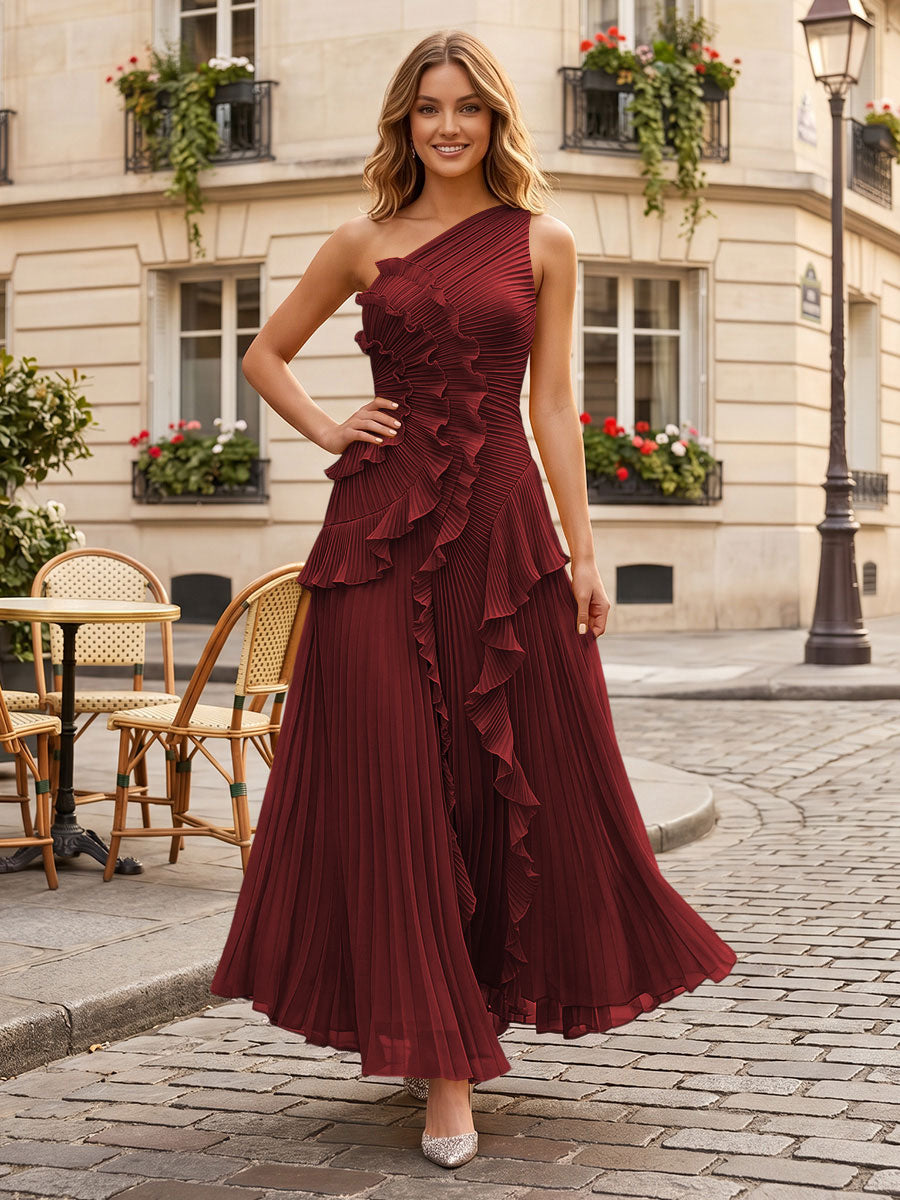 Chiffon A-Line/Princess One Shoulder Floor-Length Formal Dresses with Ruffles & Pleats