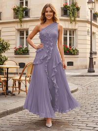 Chiffon A-Line/Princess One Shoulder Floor-Length Formal Dresses with Ruffles & Pleats