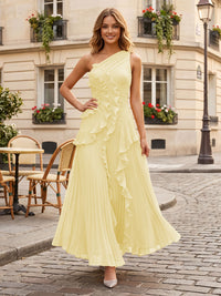 Chiffon A-Line/Princess One Shoulder Floor-Length Formal Dresses with Ruffles & Pleats