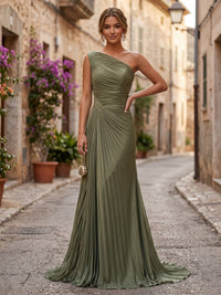 Chiffon A-Line/Princess One Shoulder Floor-Length Formal Dresses with Pleats