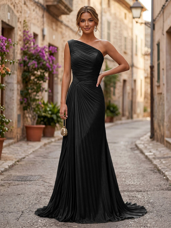 Chiffon A-Line/Princess One Shoulder Floor-Length Formal Dresses with Pleats