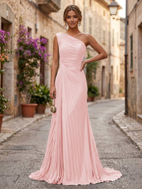 Chiffon A-Line/Princess One Shoulder Floor-Length Formal Dresses with Pleats