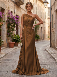 Chiffon A-Line/Princess One Shoulder Floor-Length Formal Dresses with Pleats