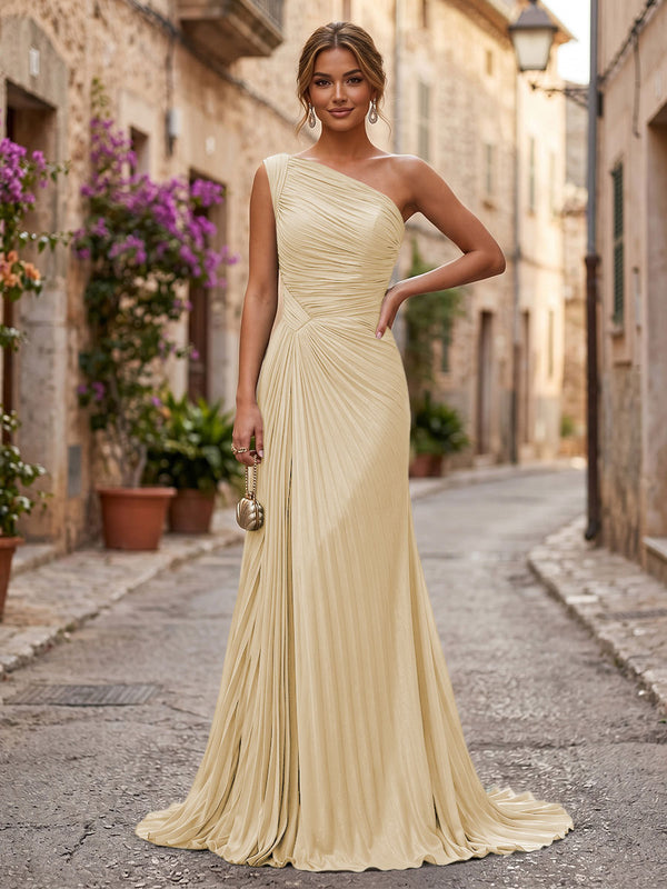 Chiffon A-Line/Princess One Shoulder Floor-Length Formal Dresses with Pleats