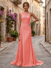 Chiffon A-Line/Princess One Shoulder Floor-Length Formal Dresses with Pleats