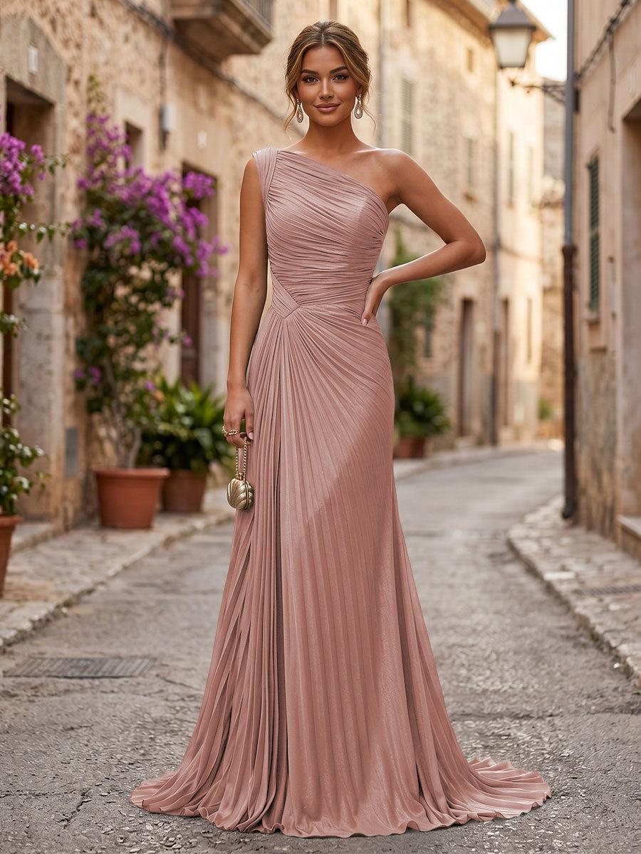 Shirees Burgundy Chiffon A-Line/Princess One Shoulder Floor-Length Formal Dresses with Pleats 2026