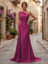 Chiffon A-Line/Princess One Shoulder Floor-Length Formal Dresses with Pleats