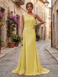 Chiffon A-Line/Princess One Shoulder Floor-Length Formal Dresses with Pleats