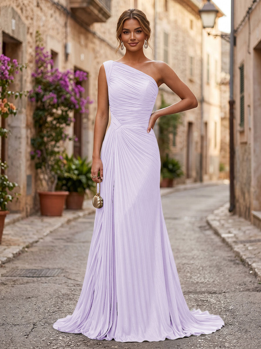 Chiffon A-Line/Princess One Shoulder Floor-Length Formal Dresses with Pleats