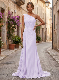 Chiffon A-Line/Princess One Shoulder Floor-Length Formal Dresses with Pleats