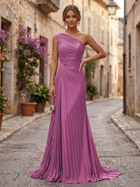 Chiffon A-Line/Princess One Shoulder Floor-Length Formal Dresses with Pleats