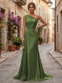 Chiffon A-Line/Princess One Shoulder Floor-Length Formal Dresses with Pleats