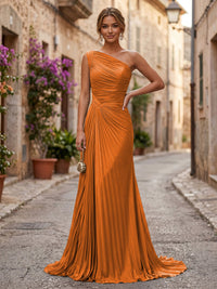 Chiffon A-Line/Princess One Shoulder Floor-Length Formal Dresses with Pleats