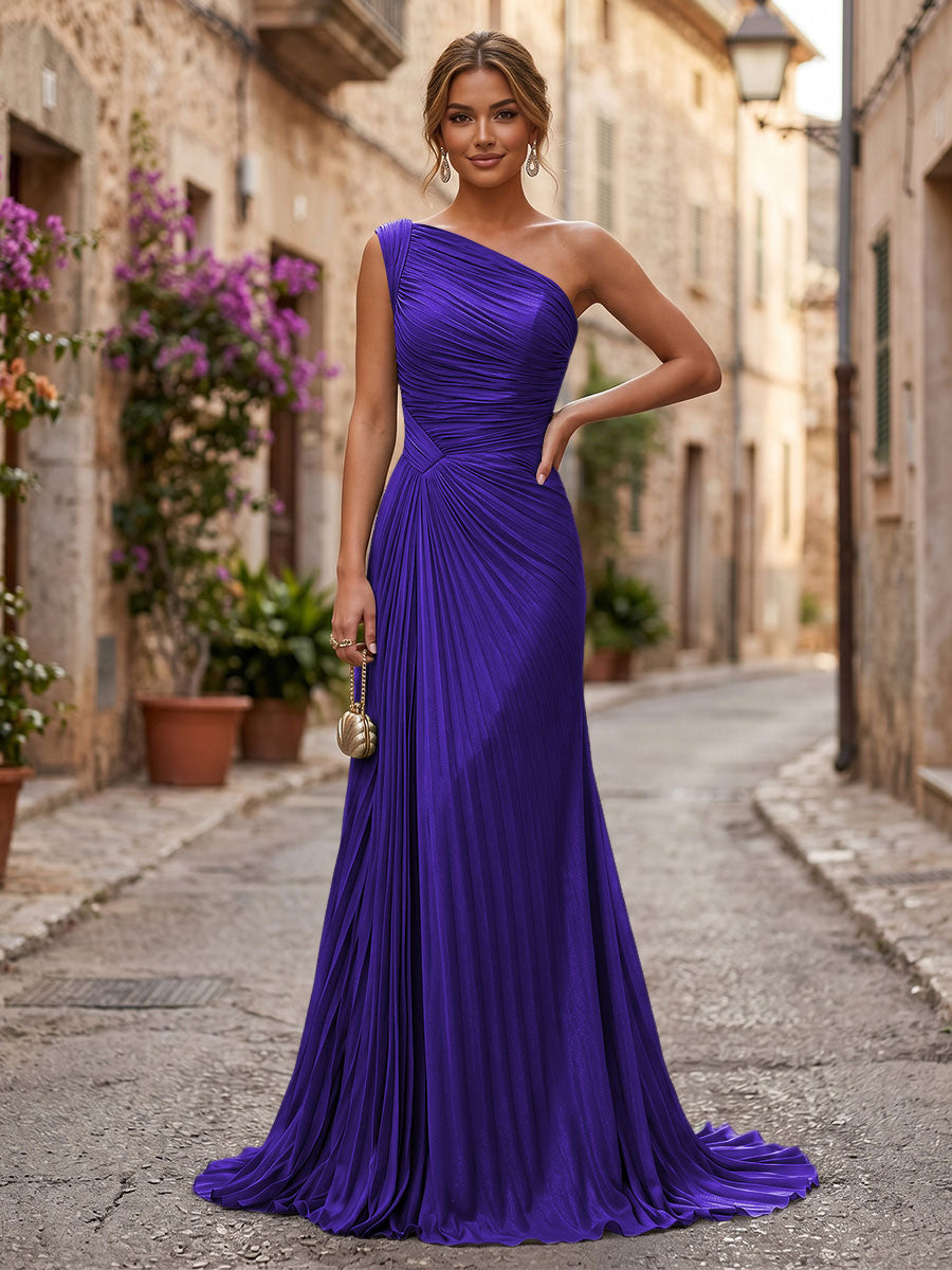 Chiffon A-Line/Princess One Shoulder Floor-Length Formal Dresses with Pleats