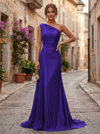Chiffon A-Line/Princess One Shoulder Floor-Length Formal Dresses with Pleats
