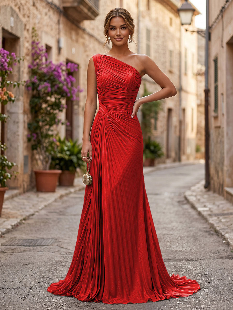 Shirees Red Chiffon A-Line/Princess One Shoulder Floor-Length Formal Dresses with Pleats 2026