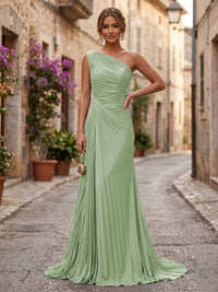 Chiffon A-Line/Princess One Shoulder Floor-Length Formal Dresses with Pleats