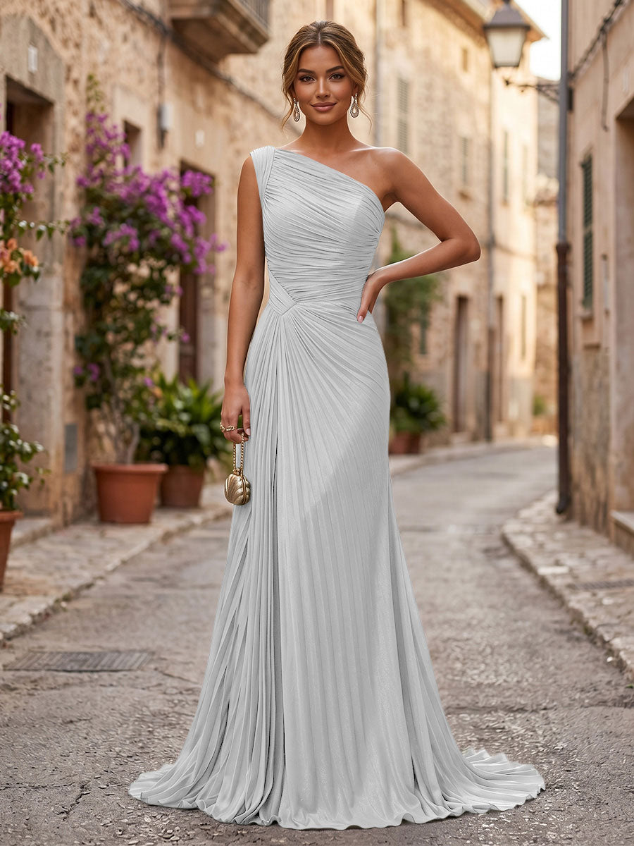 Chiffon A-Line/Princess One Shoulder Floor-Length Formal Dresses with Pleats