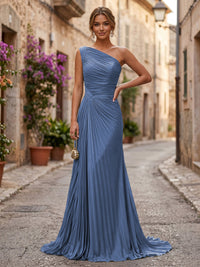 Chiffon A-Line/Princess One Shoulder Floor-Length Formal Dresses with Pleats