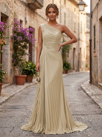 Chiffon A-Line/Princess One Shoulder Floor-Length Formal Dresses with Pleats