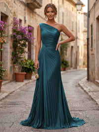 Chiffon A-Line/Princess One Shoulder Floor-Length Formal Dresses with Pleats