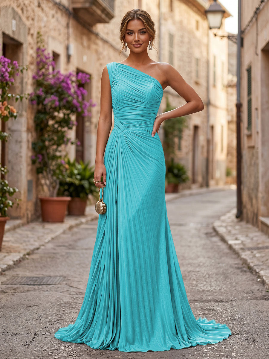 Chiffon A-Line/Princess One Shoulder Floor-Length Formal Dresses with Pleats