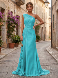 Chiffon A-Line/Princess One Shoulder Floor-Length Formal Dresses with Pleats