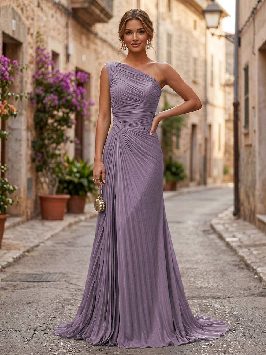 Chiffon A-Line/Princess One Shoulder Floor-Length Formal Dresses with Pleats