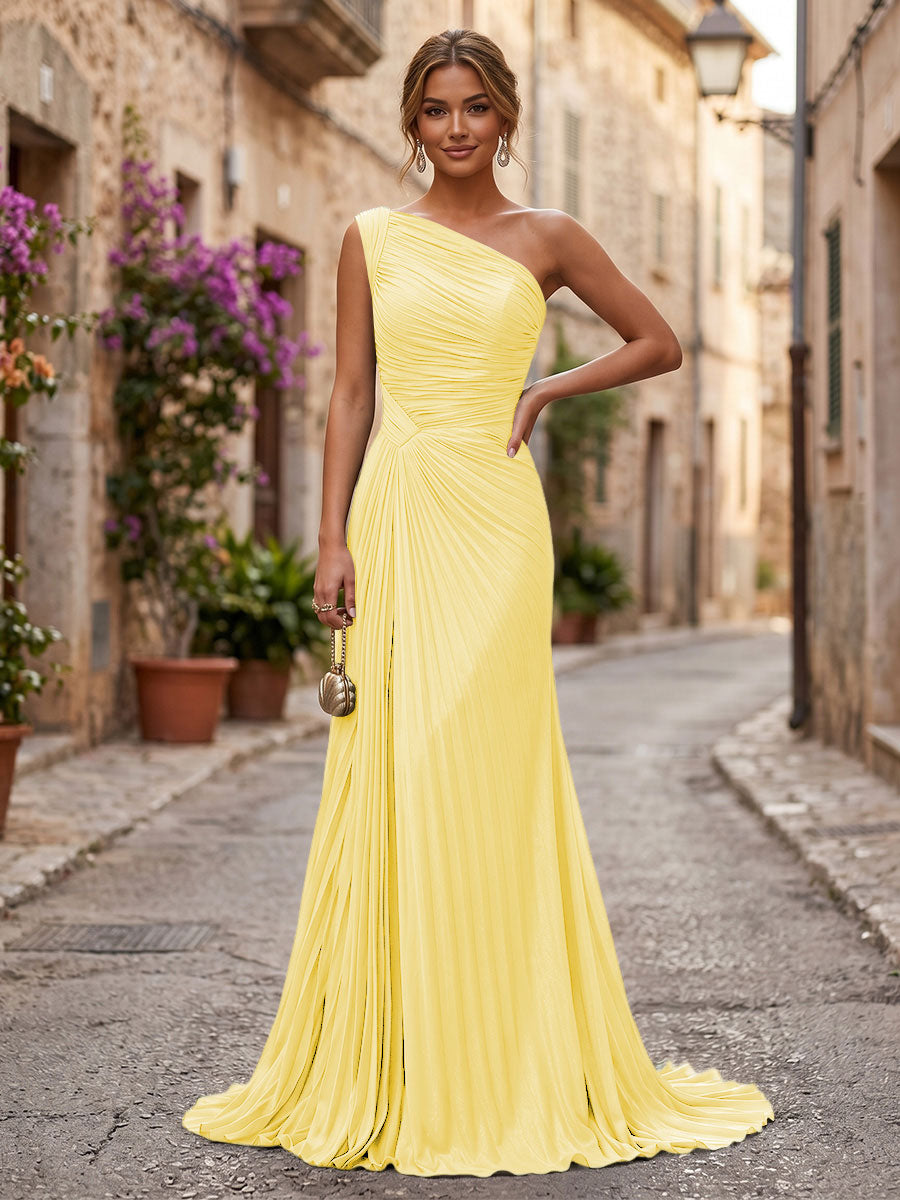 Chiffon A-Line/Princess One Shoulder Floor-Length Formal Dresses with Pleats