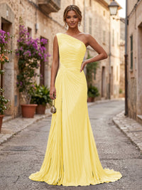 Chiffon A-Line/Princess One Shoulder Floor-Length Formal Dresses with Pleats