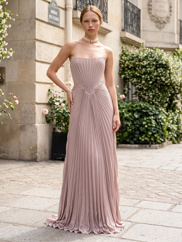 Chiffon A-Line/Princess Strapless Floor-Length Formal Dresses with Pleats