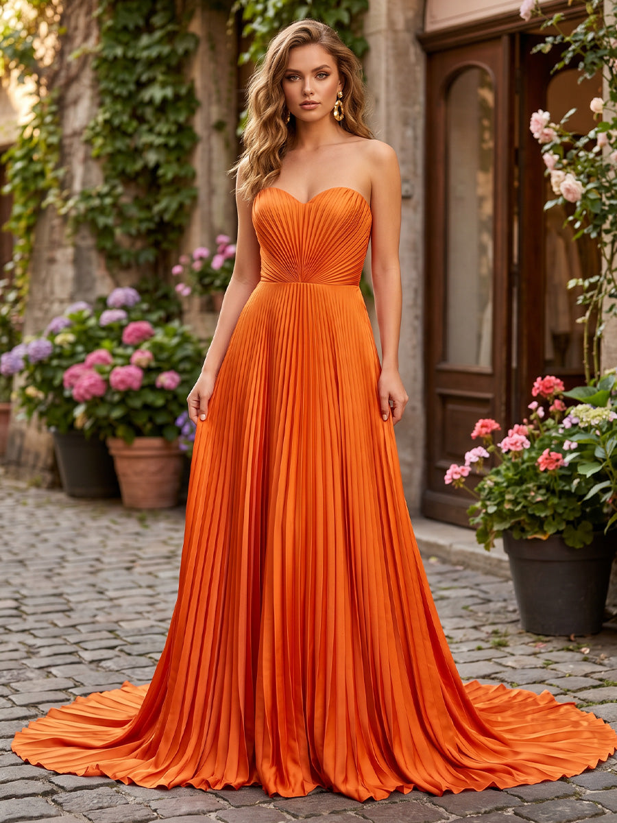 Satin A-Line/Princess Strapless Floor-Length Formal Dresses with Pleats