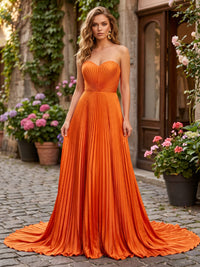 Satin A-Line/Princess Strapless Floor-Length Formal Dresses with Pleats