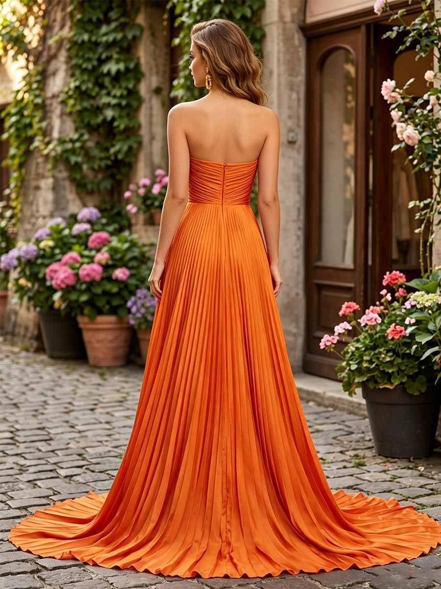 Satin A-Line/Princess Strapless Floor-Length Formal Dresses with Pleats